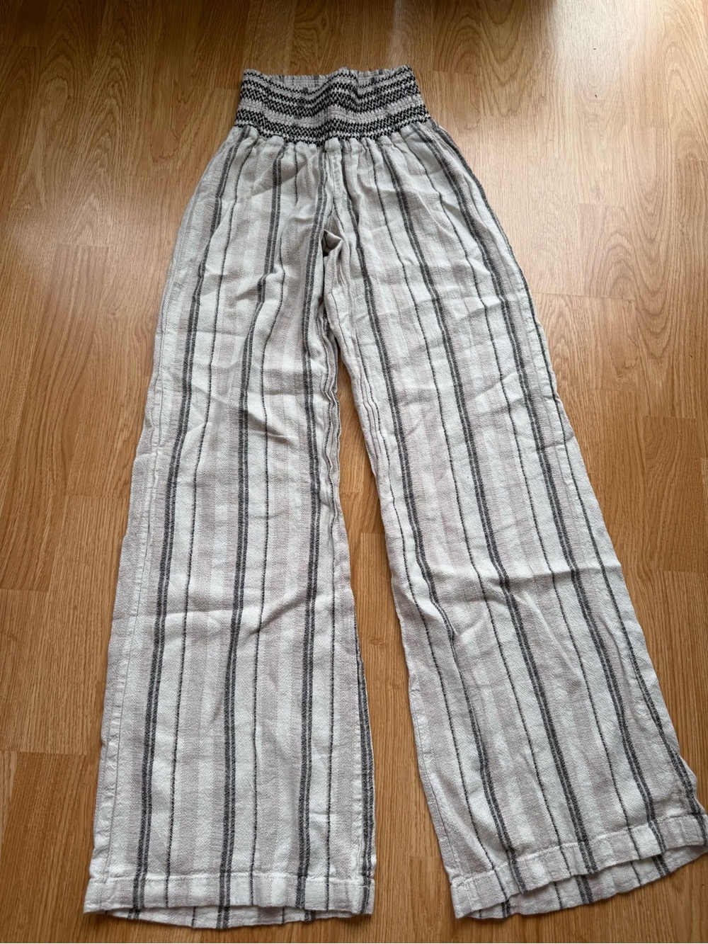 Wide Leg Striped Linen-Blend Pants - Cream/Black - Picture 2 of 3